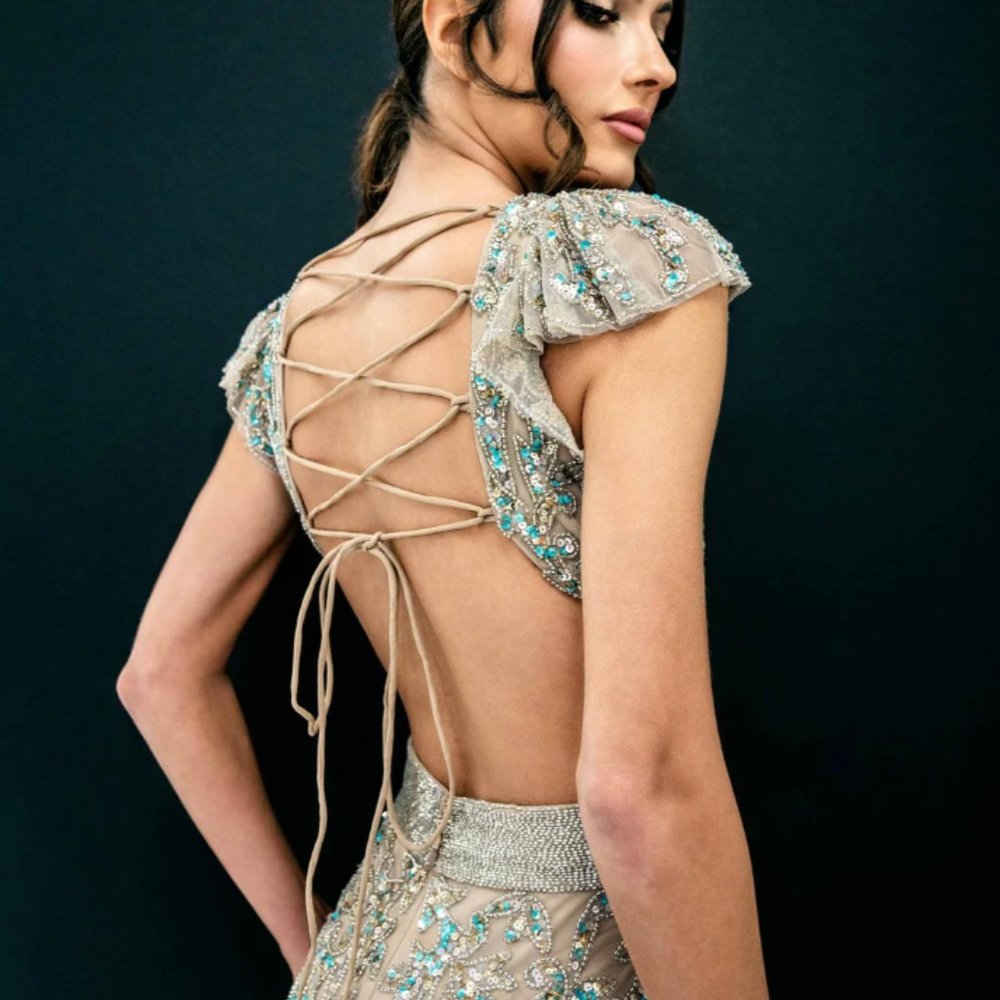 Mac Duggal floor length beaded nude dress - wedding or formal - size 10 - Picture 4 of 13